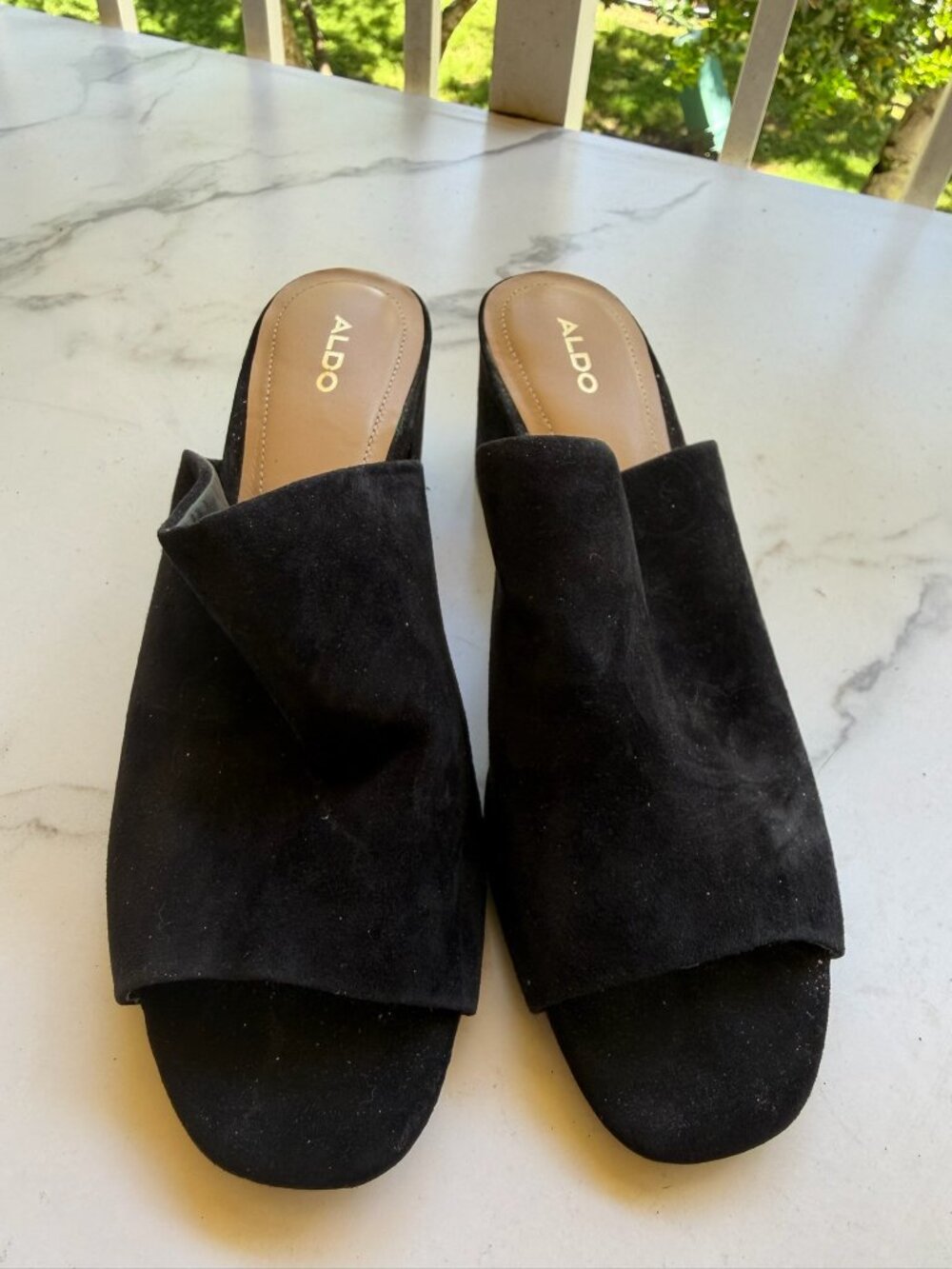 Aldo Black Suede Block Heel Mules Size 8.5